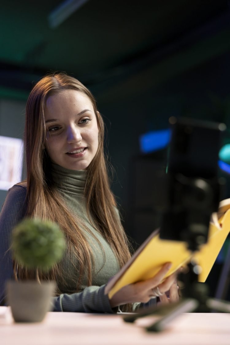 Influencer in studio using smartphone on tripod to capture live broadcast, reviewing new book from publisher. Girl filming literature critique with phone, presenting novel from esteemed author